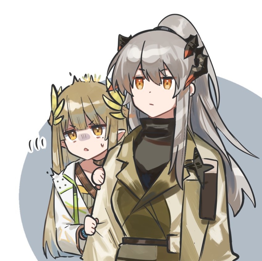 2girls, alternate_costume, arknights, black_shirt, brown_eyes, brown_hair, brown_jacket, chinese_commentary