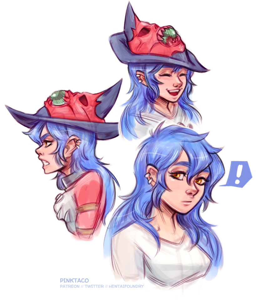 !, 1girl, angry, armor, blue_hair, breasts, clenched_teeth, commission, cuirass, dang_(runescape), duellist's_cap_(tier_6), expressions, hat, highres, laughing, long_hair, medium_breasts, original, pinktaco, plate_armor, runescape, second-party_source, shiny_lips, sketch, solo, spoken_exclamation_mark, teeth, thick_eyebrows, upper_body, v-neck, white_background, yellow_eyes