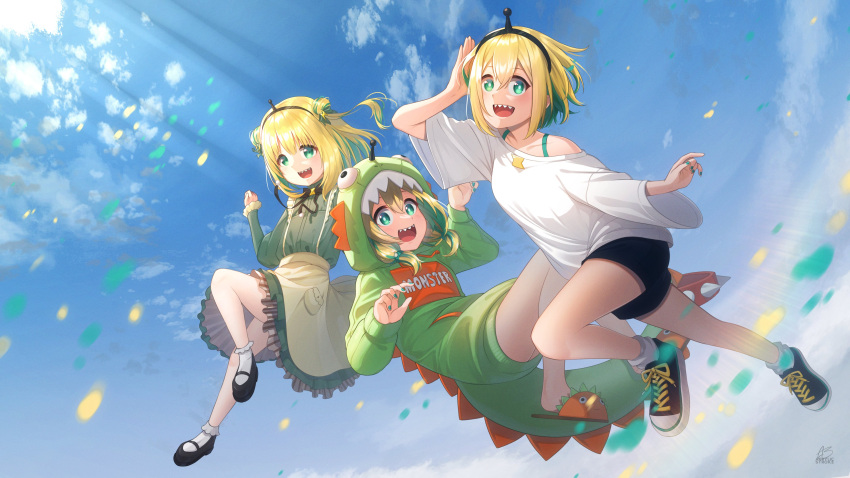 3girls, :d, absurdres, acrylicstroke, amano_pikamee, apron, arm_up, bare_shoulders, black_footwear, black_hairband, black_shorts, blonde_hair, blue_sky, bobby_socks, breasts, brown_apron, clouds, commentary, day, dinosaur_costume, double_bun, english_commentary, frilled_skirt, frilled_sleeves, frills, green_eyes, green_hair, green_nails, green_shirt, green_skirt, hair_between_eyes, hair_bun, hairband, highres, long_sleeves, looking_at_viewer, midair, multicolored_hair, multiple_girls, multiple_persona, nail_polish, off-shoulder_shirt, off_shoulder, orange_footwear, outdoors, sharp_teeth, shirt, shoes, short_shorts, shorts, signature, skirt, sky, sleeves_past_wrists, slippers, small_breasts, smile, socks, spikes, teeth, two-tone_hair, virtual_youtuber, voms, white_shirt, white_socks