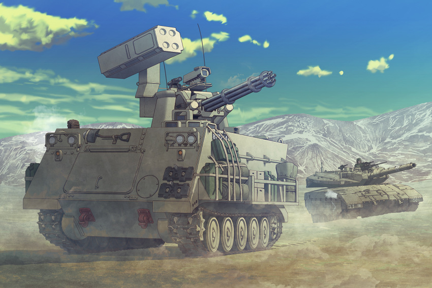 1boy, anti-aircraft, anti-aircraft_gun, blue_sky, browning_m2, caterpillar_tracks, clouds, commentary_request