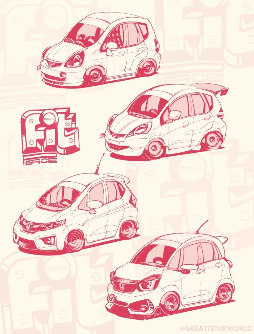 artist_name, car, chibi, evolution, highres, honda, honda_fit, monochrome