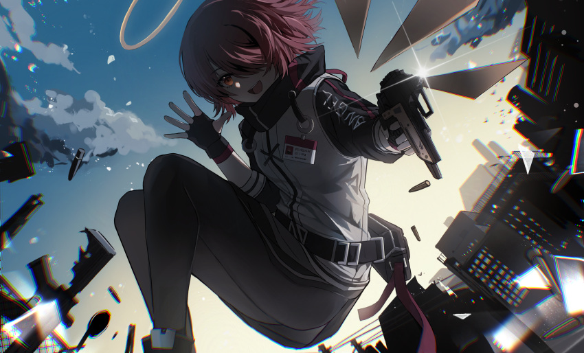 1girl, :d, absurdres, aiming_at_viewer, arknights, belt, belt_buckle, bird