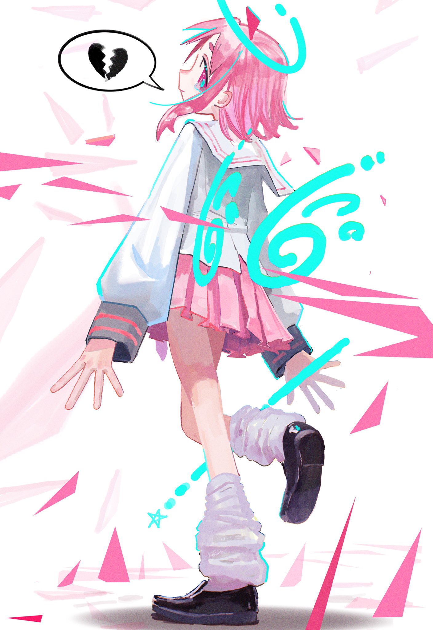 1girl, arms_at_sides, broken_heart, closed_mouth, drawn_wings, floating_hair, from_behind, full_body