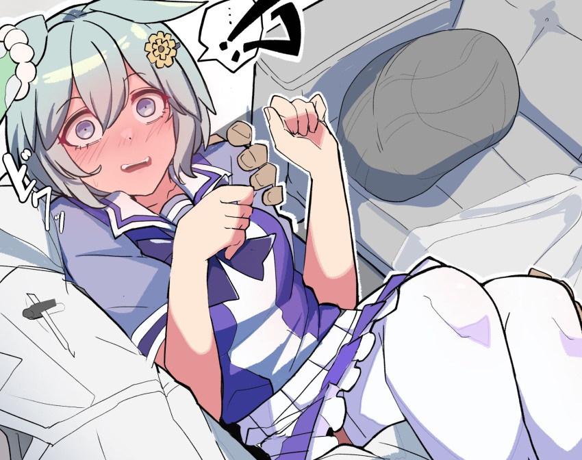 !?, 1boy, 1girl, animal_ears, blanket, blue_eyes, blush, bow