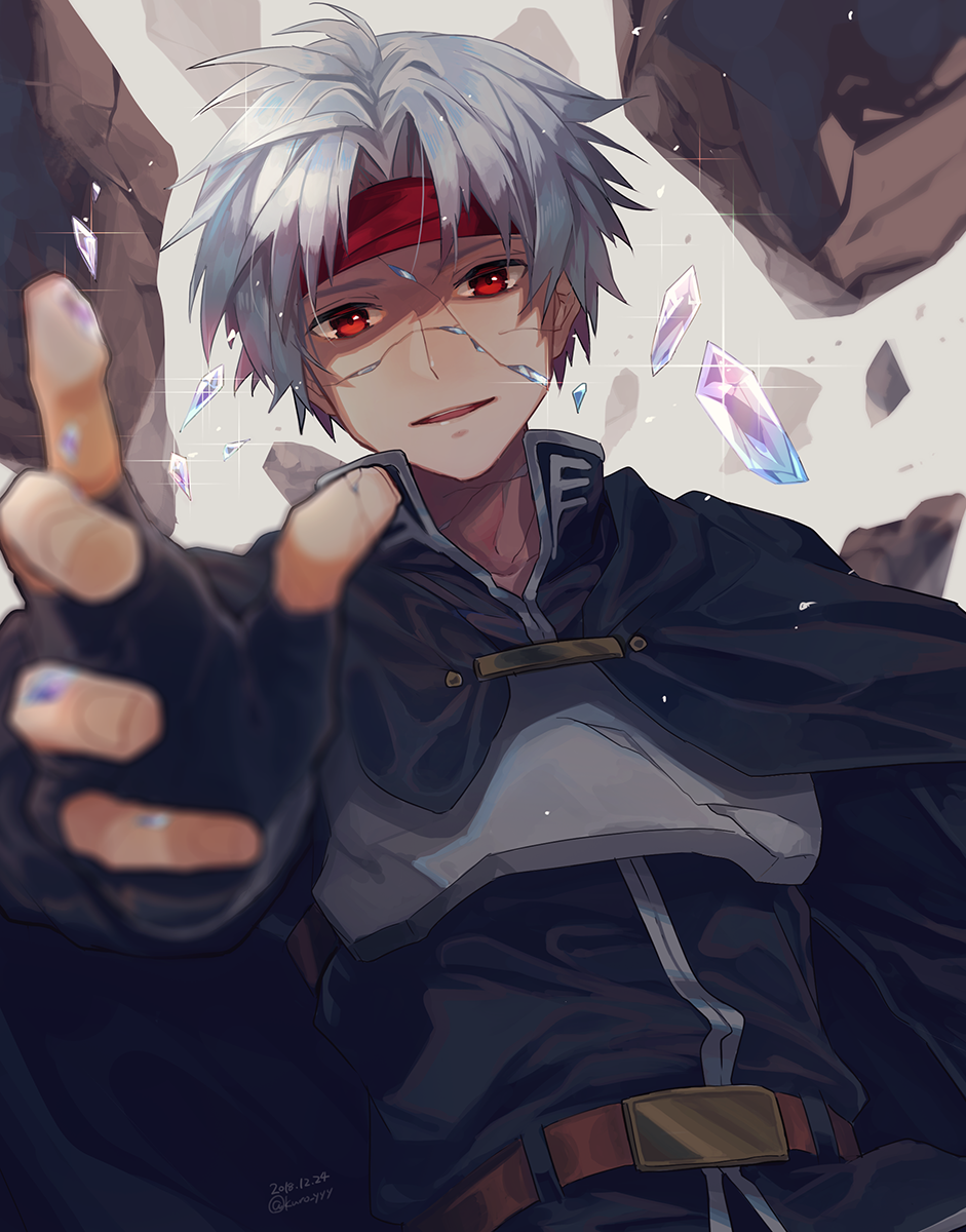 1boy, armor, artist_name, bandana, belt, black_gloves, blurry, blurry_foreground