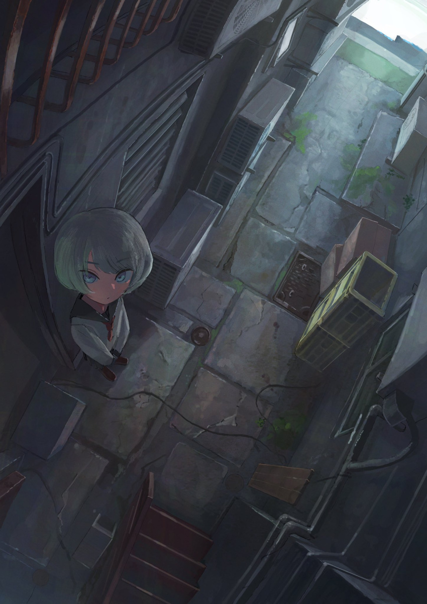 1girl, air_conditioner, alley, bloom, blue_eyes, blue_sailor_collar, bob_cut, box