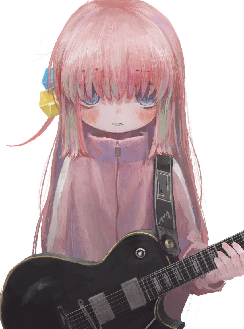 1girl, blue_eyes, bocchi_the_rock!, cube_hair_ornament, electric_guitar, furrowed_brow, gotou_hitori, guitar