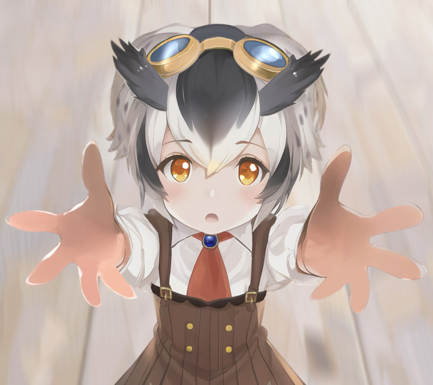 bird_girl, bird_wings, blush, brown_dress, brown_gloves, collared_shirt, dress, gloves