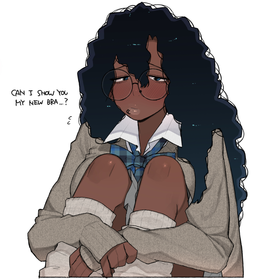 1girl, black_hair, blush, breasts, broccoli_(ohasi), dark-skinned_female, dark_skin, english_text