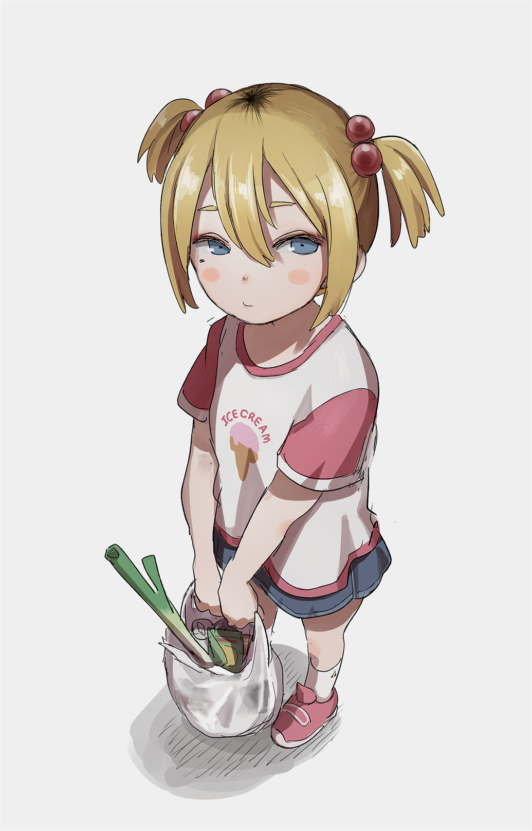 1girl, bag, blonde_hair, blue_eyes, blush_stickers, english_text, female_child, hair_between_eyes