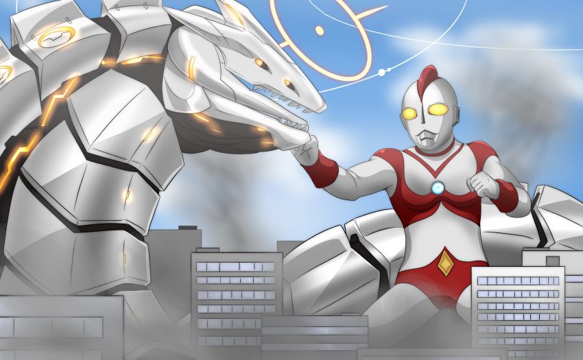 1boy, 1other, absurdres, battle, binah_(blue_archive), blue_archive, blue_sky, blurry, building, clenched_hand, clouds, cloudy_sky, commentary_request, crossover, depth_of_field, extra_eyes, fighting_stance, giant, halo, highres, kaijuu, looking_at_another, no_humans, sharp_teeth, sky, skyline, skyscraper, smoke, snake, takezuchi, teeth, tokusatsu, ultra_series, ultraman_80, ultraman_80_(series), yellow_eyes