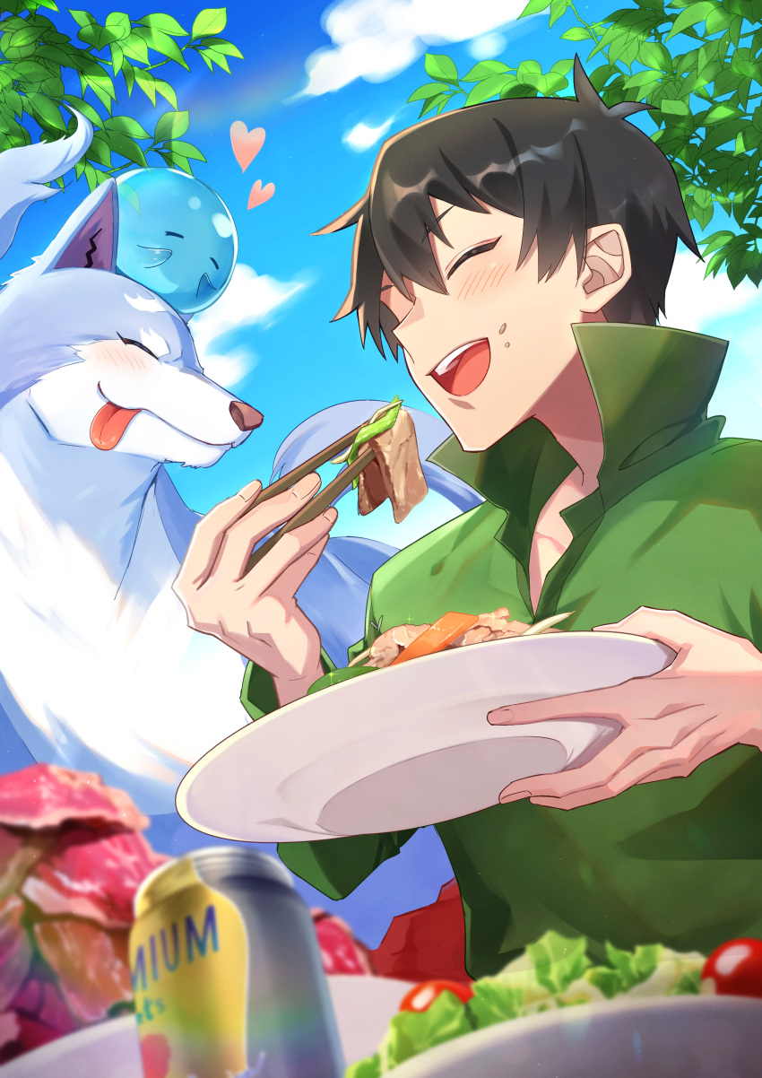 1boy, absurdres, black_hair, blue_sky, blurry, can, cherry_tomato, chopsticks, closed_eyes, clouds, collarbone, creature_on_head, depth_of_field, eating, feru_(tonsuki), food, food_on_face, green_shirt, heart, highres, hizaki_sui, holding, holding_chopsticks, holding_plate, long_sleeves, meat, monster, mukouda_tsuyoshi, no_mouth, open_mouth, outdoors, plate, rice, rice_on_face, salad, shirt, short_hair, sky, slime_(creature), smile, sui_(tonsuki), teeth, tomato, tondemo_skill_de_isekai_hourou_meshi, tongue, tongue_out, tree, wolf