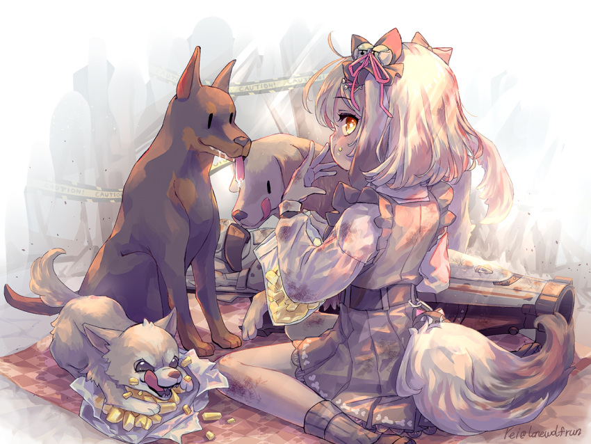 1girl, 3others, ahoge, animal_ears, arm_up, bag, bell, belt