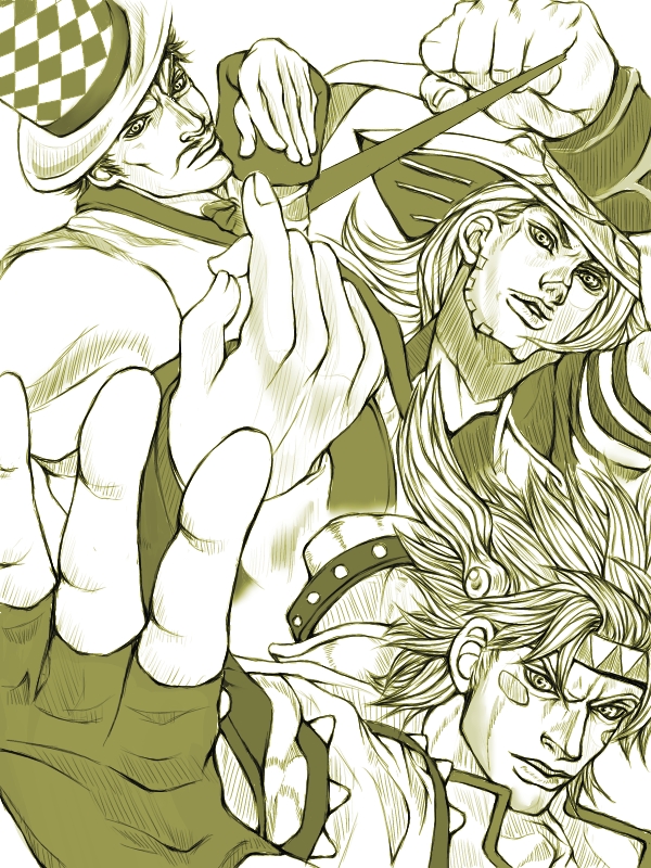 3boys, battle_tendency, caesar_anthonio_zeppeli, checkered_clothes, checkered_headwear, facial_hair, facial_mark, family
