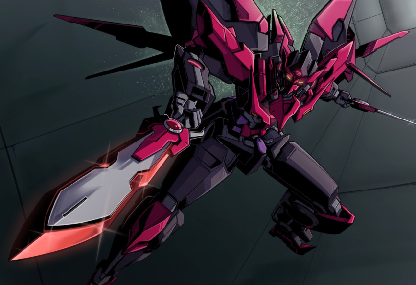 commentary, dual_wielding, english_commentary, flying, foreshortening, glint, glowing, glowing_eyes