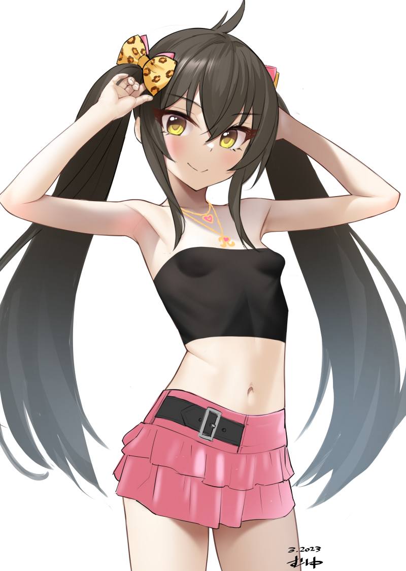1girl, animal_print, armpits, bare_shoulders, black_hair, bow, breasts, frilled_skirt