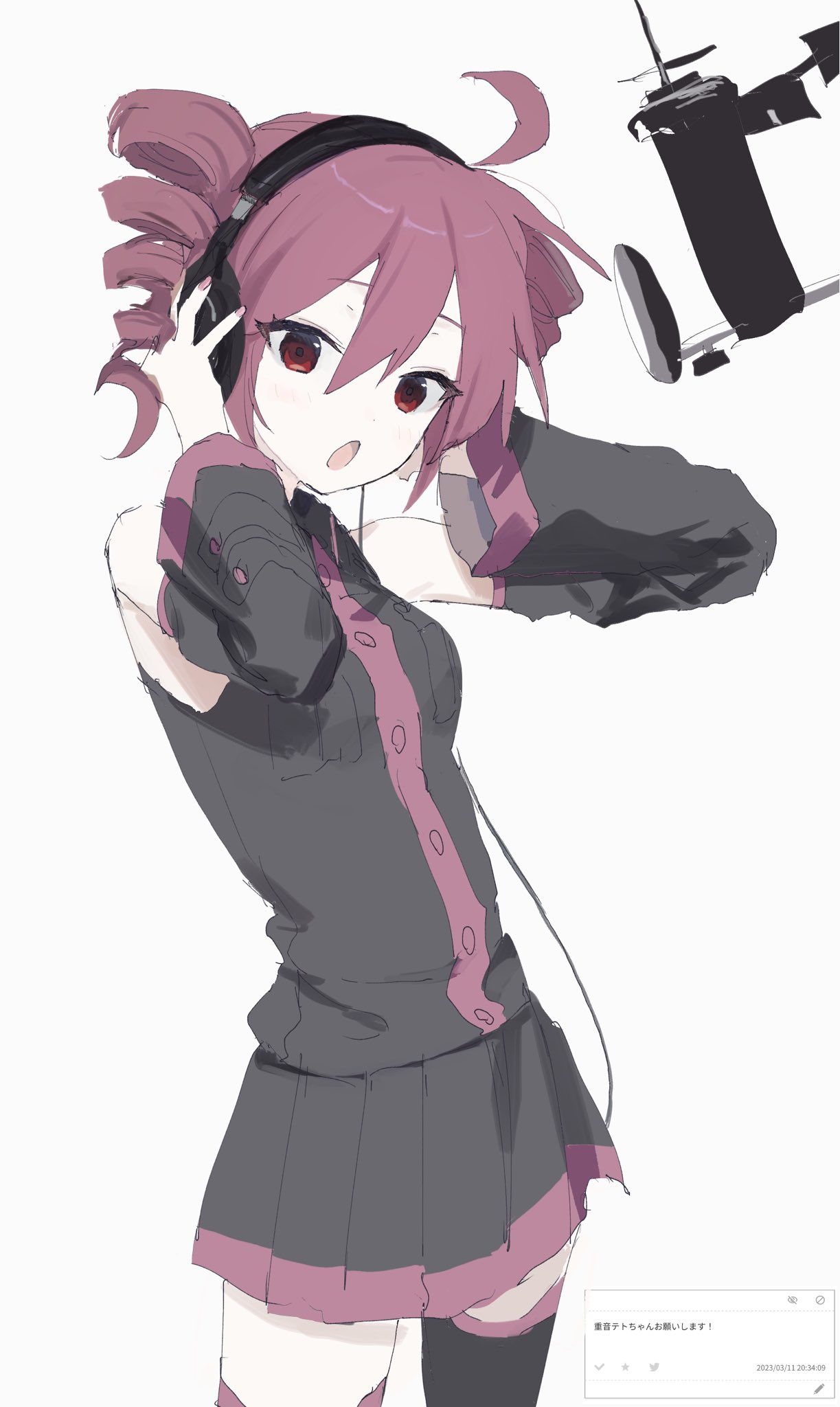 1girl, ahoge, black_shirt, black_skirt, black_thighhighs, buttons, cable, cowboy_shot