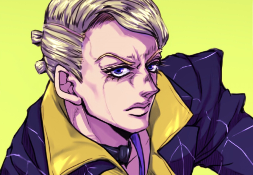 1boy, arrow_print, blonde_hair, close-up, formal, highres, jojo_no_kimyou_na_bouken, male_focus, multiple_hair_buns, official_style, prosciutto, ruushii_(lucy_steel6969), solo, suit, vento_aureo, violet_eyes, yellow_background