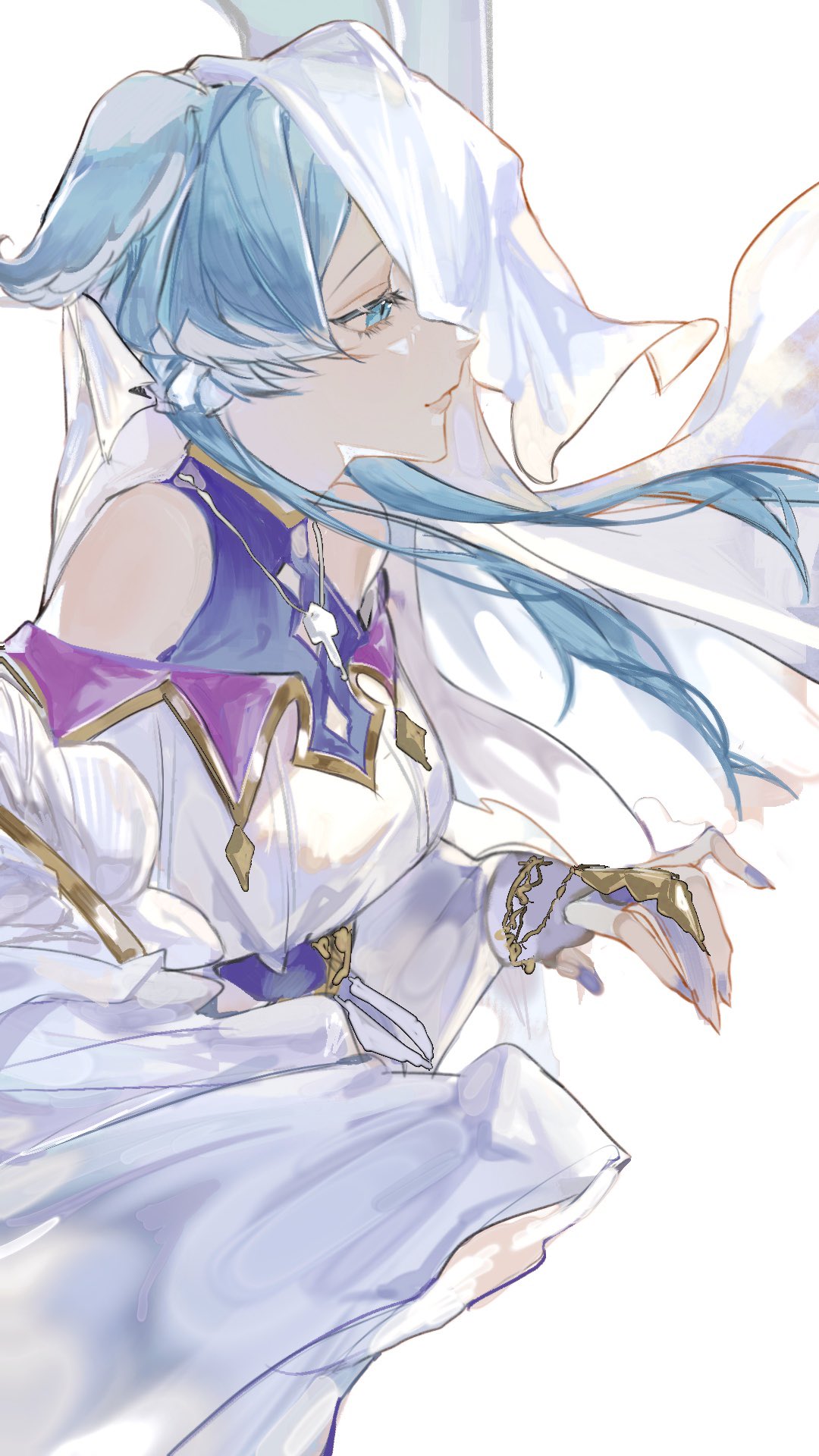 1girl, alternate_costume, aqua_eyes, bare_shoulders, blue_hair, blue_nails, claw_ring, dress