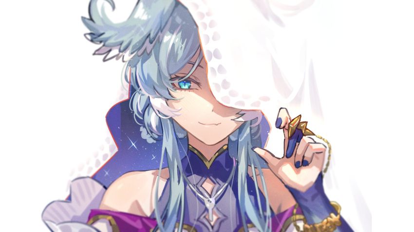 1girl, absurdres, alternate_costume, bare_shoulders, blue_eyes, blue_hair, elira_pendora, head_wings