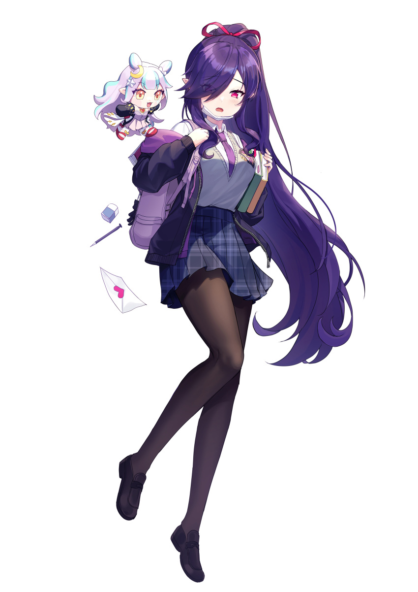 2girls, absurdly_long_hair, absurdres, backpack, bag, bag_charm, black_footwear, black_jacket, black_pantyhose, blue_hair, blue_skirt, blush, book, breasts, character_request, charm_(object), checkered_clothes, checkered_skirt, collared_shirt, commentary, crescent, crescent_hair_ornament, double_bun, eda_(epic_seven), epic_seven, eraser, full_body, grey_sweater_vest, hair_bun, hair_ornament, hair_over_one_eye, hair_ribbon, highres, holding, holding_book, jacket, long_hair, long_sleeves, looking_ahead, looking_at_viewer, love_letter, mary_janes, mask, mask_pull, medium_breasts, mouth_mask, multicolored_hair, multiple_girls, necktie, open_clothes, open_jacket, open_mouth, orange_eyes, pantyhose, pen, pink_bag, pink_hair, pink_necktie, pink_skirt, pleated_skirt, ponytail, purple_hair, red_eyes, red_footwear, ribbon, shirt, shoes, sidelocks, simple_background, skirt, star_(symbol), star_hair_ornament, streaked_hair, sungja, sweater_vest, swept_bangs, very_long_hair, white_background, white_shirt, zipper_pull_tab