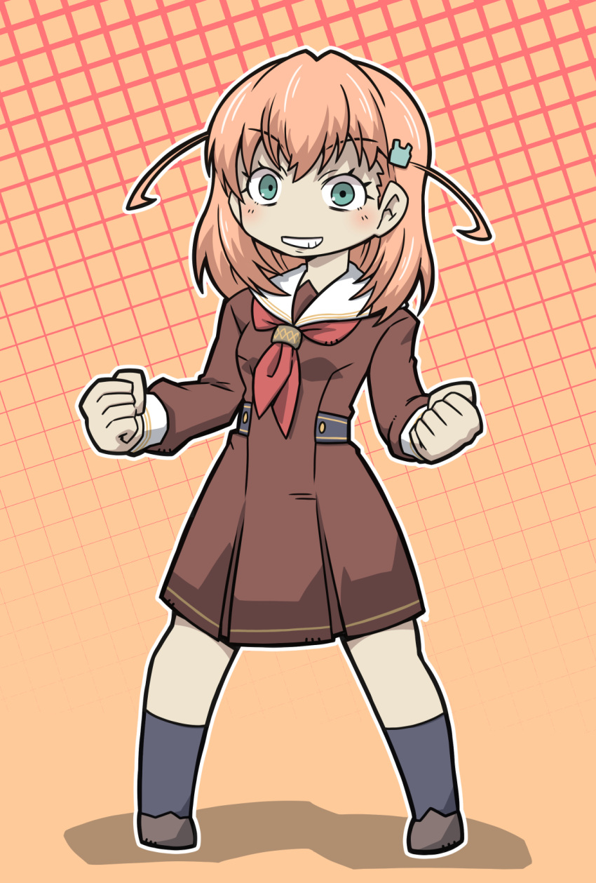 1girl, blush, clenched_hands, commentary, full_body, green_eyes, grin, hair_ornament