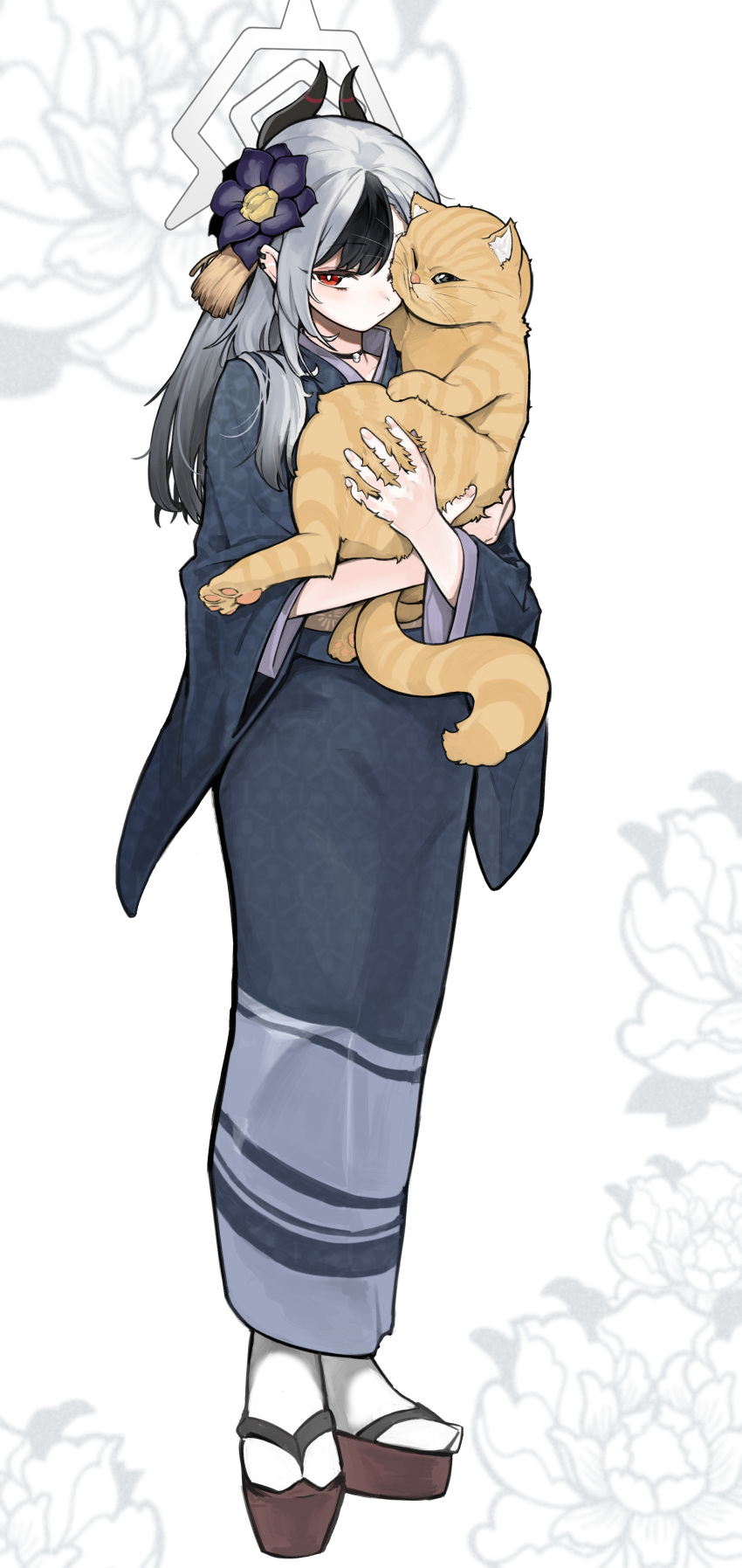1girl, absurdres, animal, black_hair, black_horns, black_kimono, blue_archive, cat