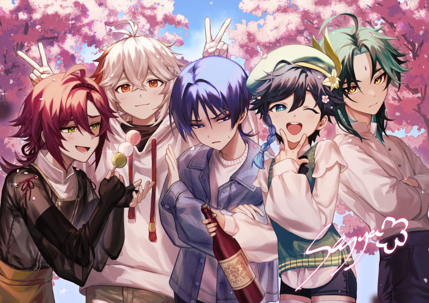 5boys, absurdres, ahoge, alcohol, alternate_costume, black_hair, blue_hair, blush
