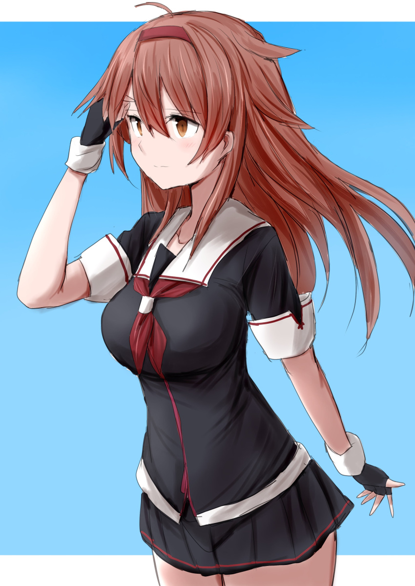 1girl, absurdres, black_gloves, breasts, brown_hair, collarbone, gloves, hairband