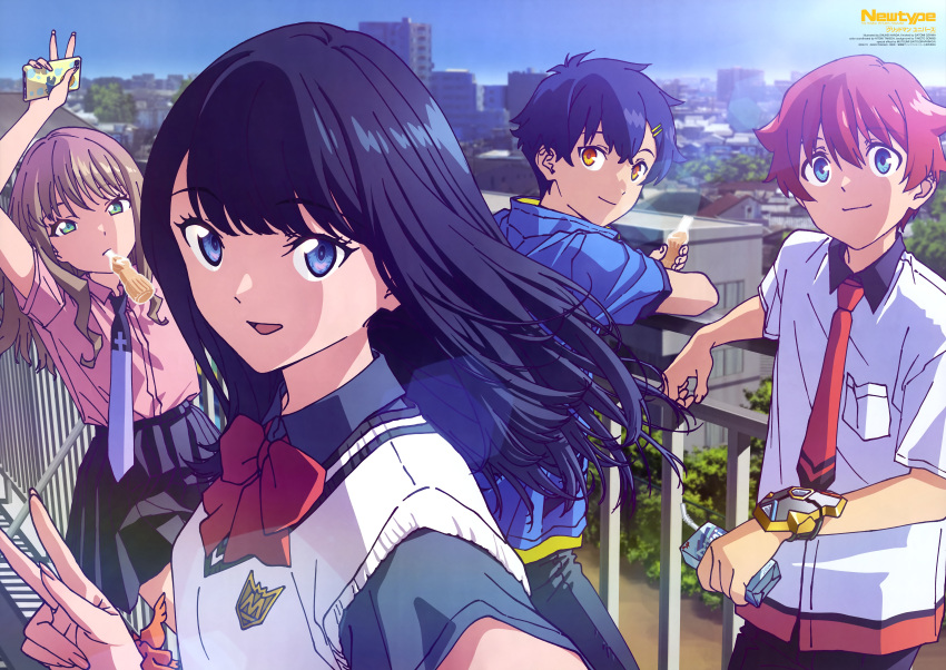 2boys, 2girls, absurdres, acceptor, asanaka_yomogi, black_skirt, blue_eyes, blue_hair