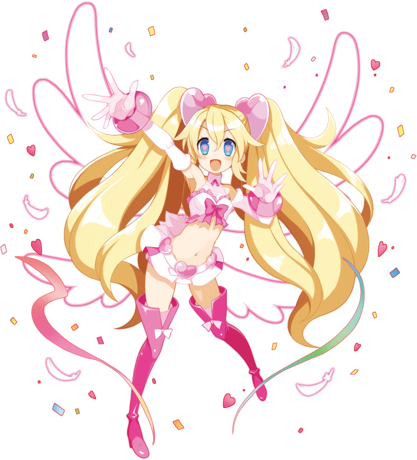 1girl, arm_up, armpits, blonde_hair, blue_eyes, blush, boots, bracelet