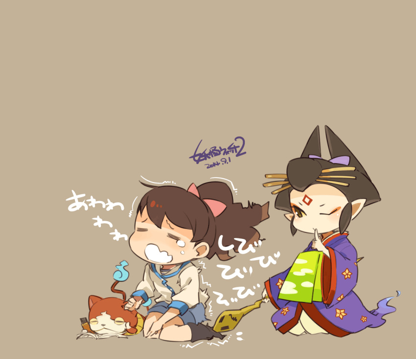 2girls, brown_hair, candy, candy_bar, cat, chibi, chocoboo, closed_eyes