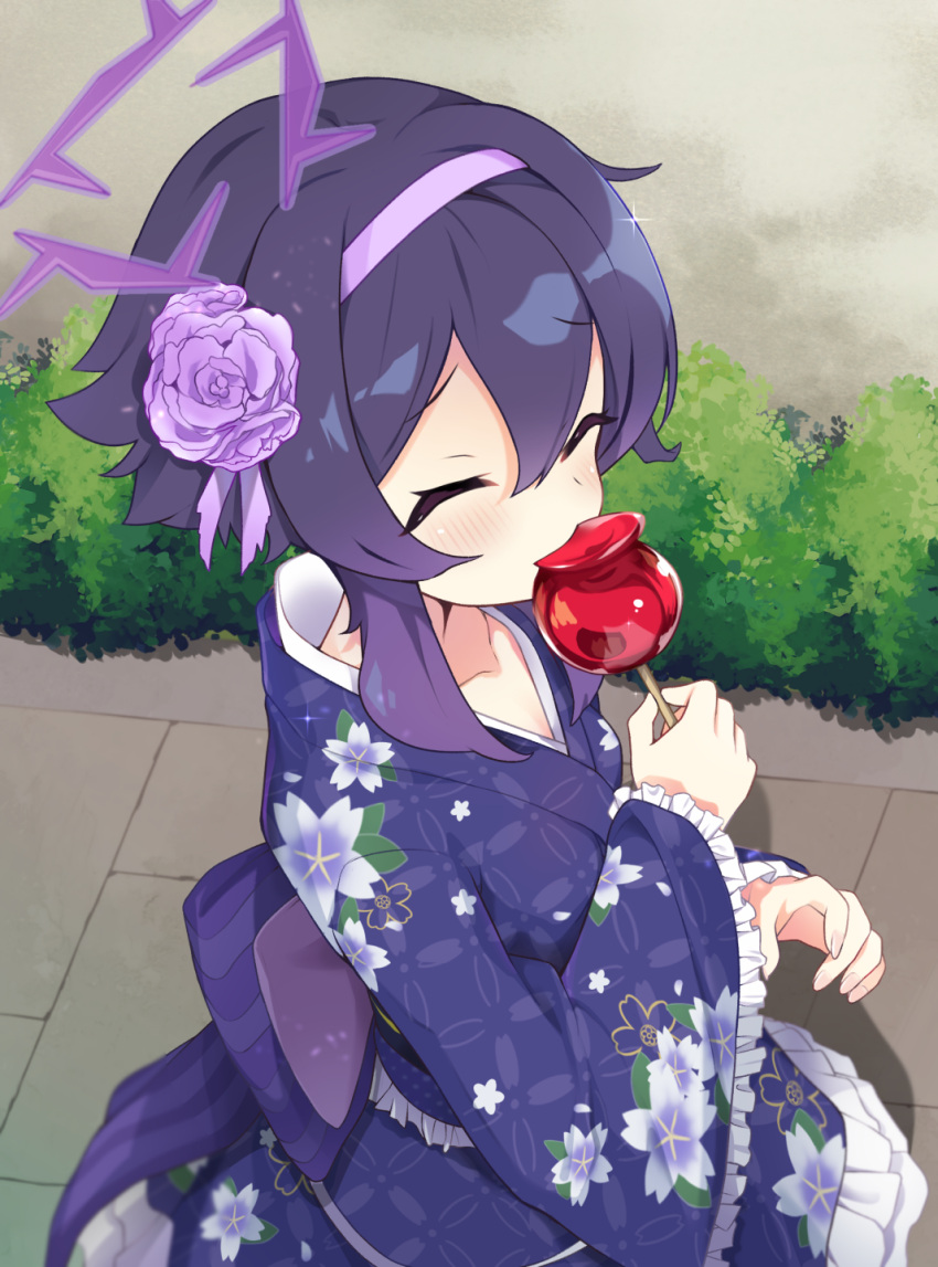 1girl, ^_^, aku_oribi, blue_archive, blurry, bush, candy_apple, closed_eyes, collarbone, commentary_request, depth_of_field, eating, facing_away, flower, food, from_above, hair_flower, hair_ornament, hairband, halo, happy, haruka_(blue_archive), haruka_(new_year)_(blue_archive), highres, lolita_fashion, long_sleeves, looking_away, obi, obiage, official_alternate_costume, purple_hair, sash, short_hair, short_hair_with_long_locks, solo, stone_floor, wa_lolita, wide_sleeves