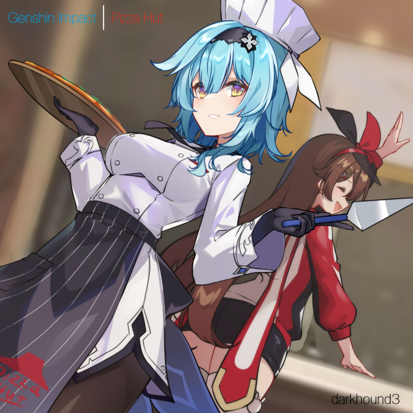 2girls, :d, ^_^, amber_(genshin_impact), amber_(pizza_hut)_(genshin_impact), apron, ass, back-to-back