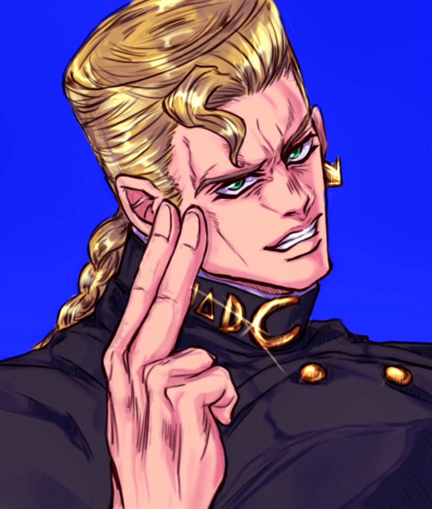 arrow_earrings, blonde_hair, blue_background, braid, diamond_wa_kudakenai, earrings, flat_top, flattop