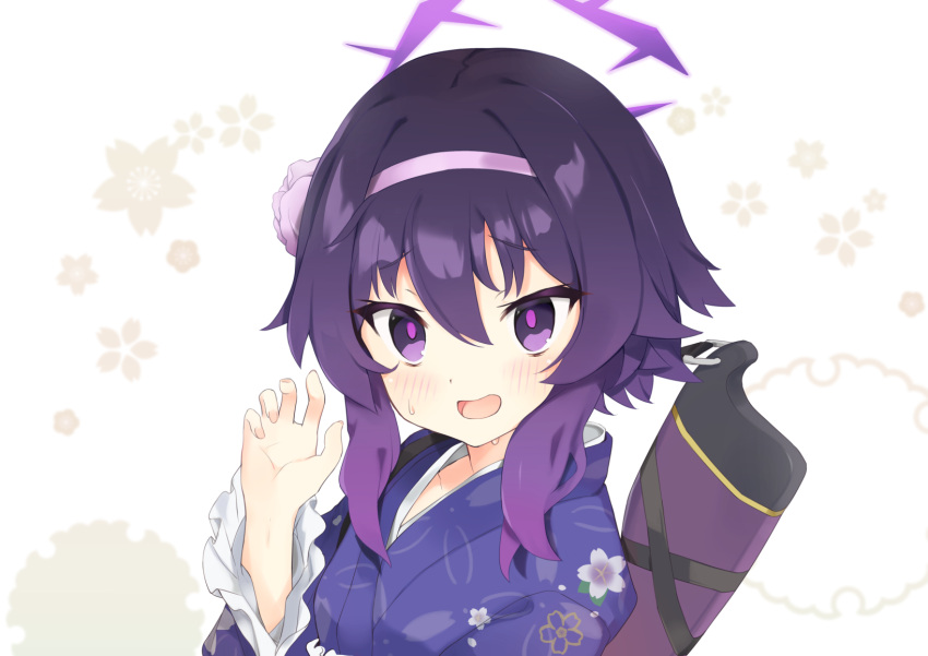 1girl, :d, aku_oribi, blue_archive, collarbone, commentary_request, flower, fp6