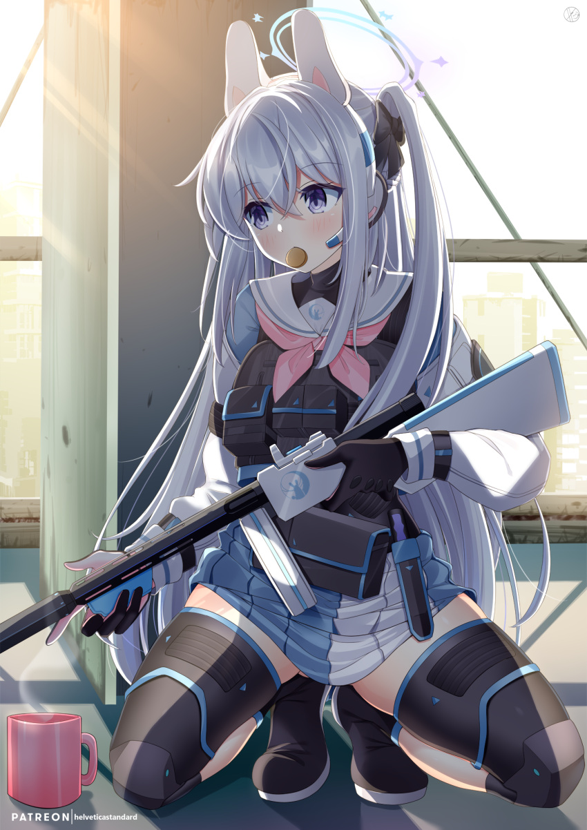 animal_ear_headphones, animal_ears, backlighting, bag, black_gloves, black_thighhighs, blue_archive, blurry