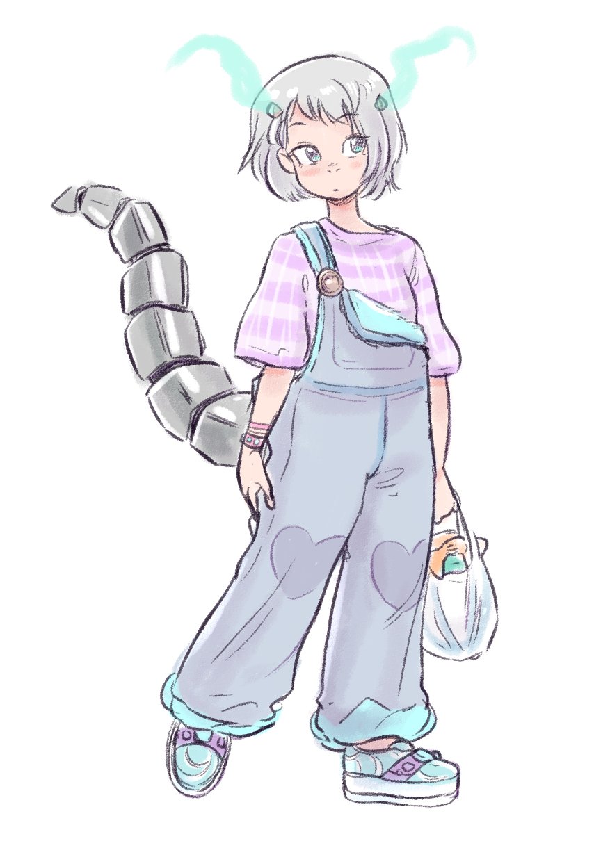 1girl, alternate_hair_length, alternate_hairstyle, bag, baggy_clothes, bracelet, casual, dragon_girl