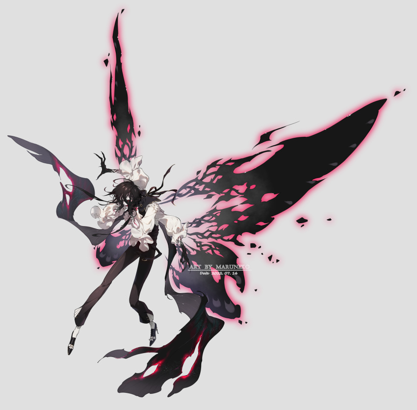 1boy, arthropod_boy, bishounen, black_footwear, black_hair, black_pants, black_sclera, black_skin, black_vest, black_wings, butterfly_boy, butterfly_wings, colored_sclera, colored_skin, constricted_pupils, dated, extra_arms, fingernails, flying, frilled_sleeves, frills, full_body, grey_background, hands_on_own_face, high_heels, highres, long_sleeves, looking_at_viewer, male_focus, maruneko, monster_boy, open_mouth, original, pants, puffy_long_sleeves, puffy_sleeves, red_eyes, sharp_fingernails, shirt, short_hair_with_long_locks, simple_background, solo, vest, watermark, white_shirt, white_skin, wings