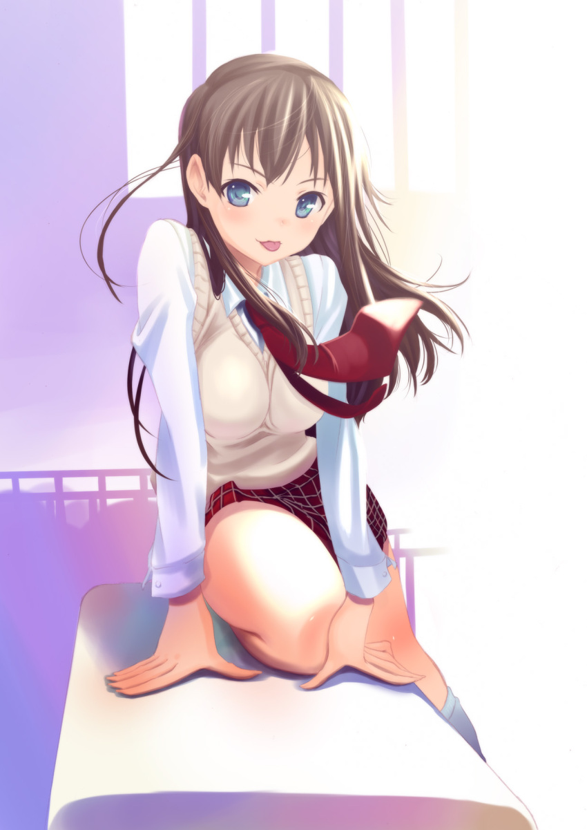 :p, brown_hair, highres, iseshima_aya, long_hair, necktie, platonic_heart, school_uniform