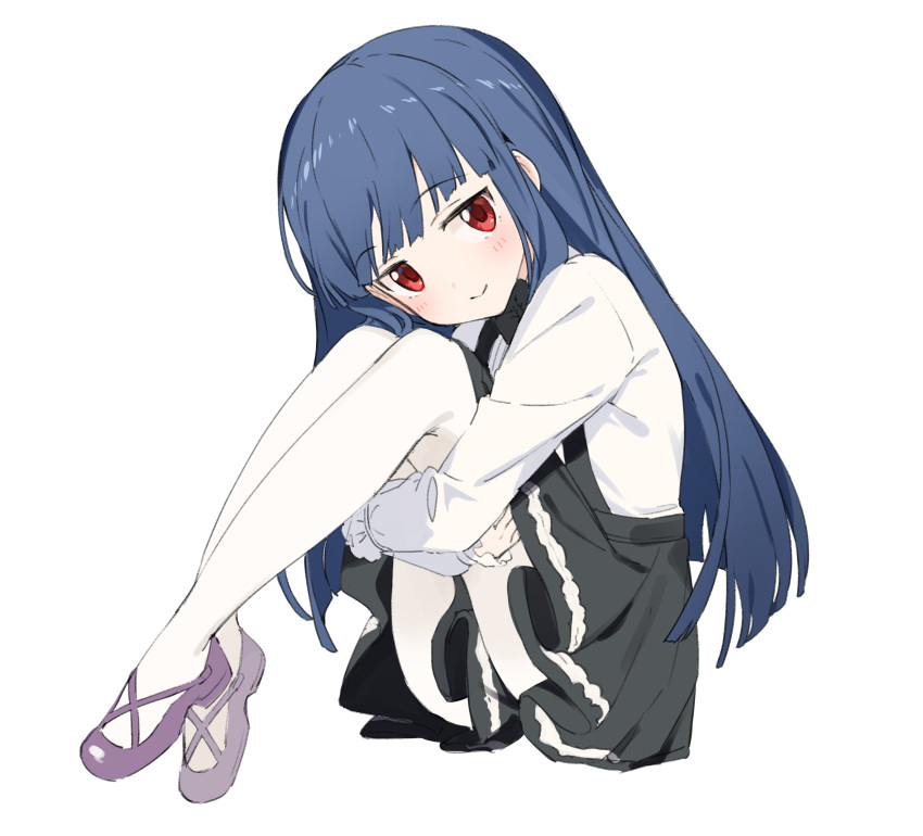1girl, :>, absurdres, black_skirt, blue_hair, blunt_bangs, blunt_ends, blush