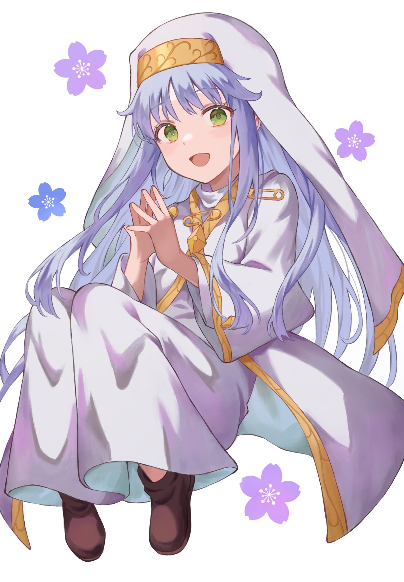 1girl, blue_hair, blush, brown_footwear, dress, flat_chest, floral_background, full_body
