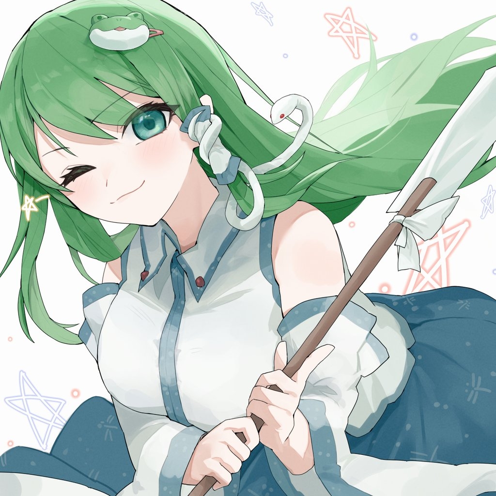 1girl, ;3, blue_skirt, closed_mouth, collared_shirt, cowboy_shot, detached_sleeves, frog_hair_ornament