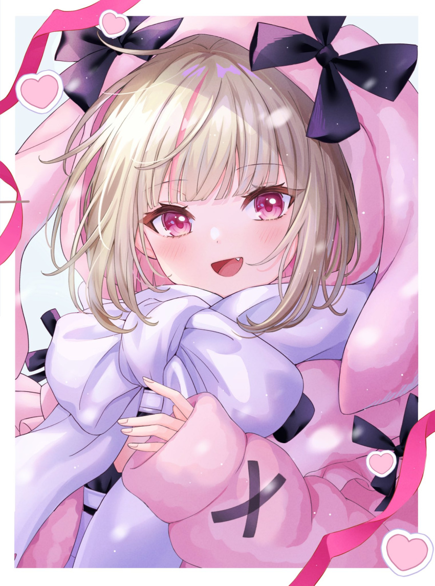 1girl, blunt_bangs, blush, hair_intakes, hair_ribbon, highres, looking_at_viewer, makaino_ririmu