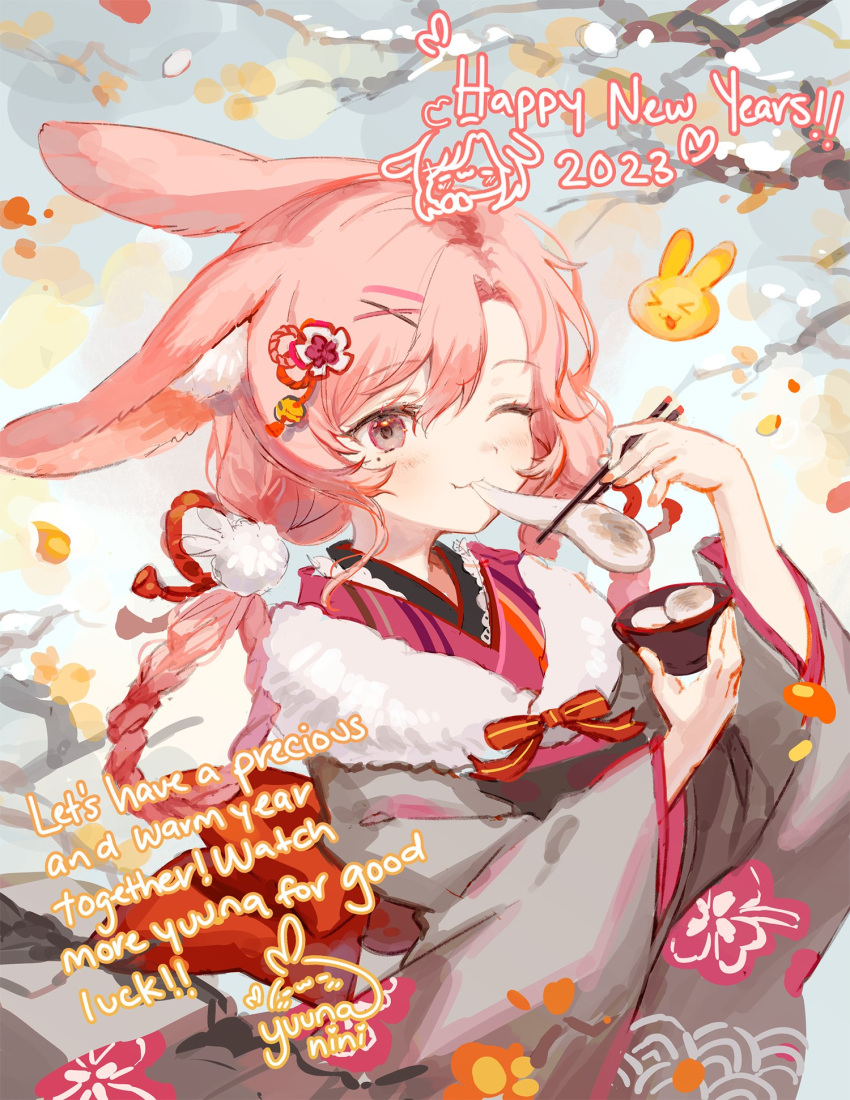 >_<, animal_ears, bell, blush, bow, bowl, branch, brown_eyes, character_name, chinese_zodiac, chopsticks, eating, english_commentary, food, fur-trimmed_kimono, fur_trim, furisode, grey_kimono, hair_bell, hair_between_eyes, hair_ornament, happy_new_year, heaert, highres, holding, holding_bowl, holding_chopsticks, indie_virtual_youtuber, japanese_clothes, kemonomimi_mode, kimono, leaf, long_hair, looking_at_viewer, mochi, mole, mole_under_eye, nini_yuuna, one_eye_closed, rabbit_ears, red_bow, second-party_source, smile, snow, spacelongcat, year_of_the_rabbit