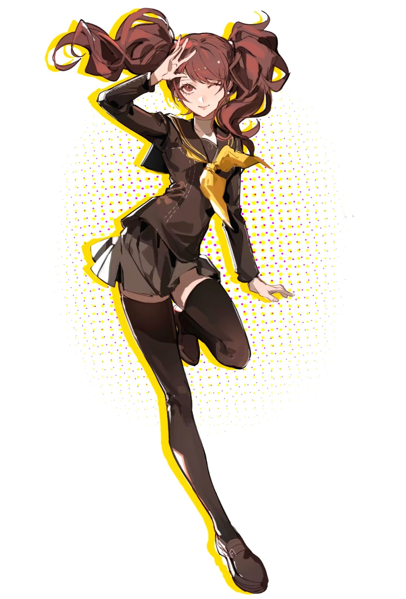 1girl, arm_up, binxngchng1, black_footwear, black_sailor_collar, black_thighhighs, brown_eyes, brown_hair