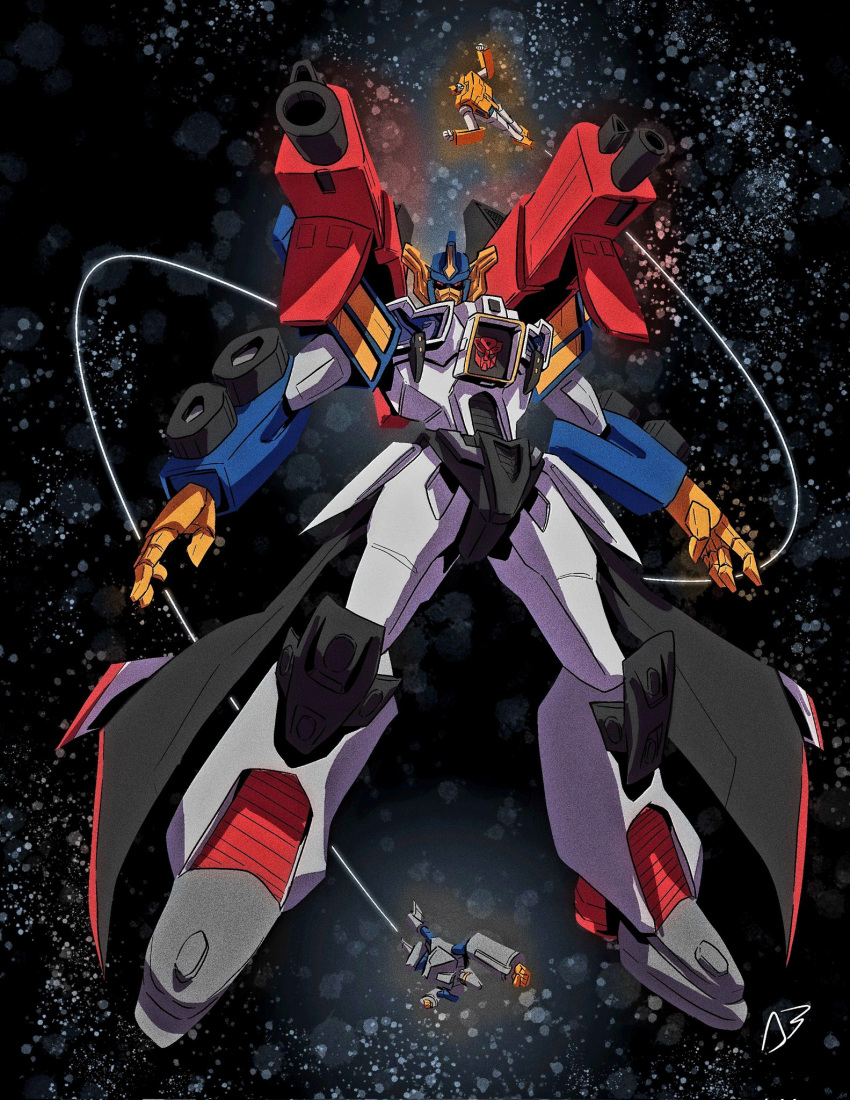 andrew_bernys, autobot, flying, highres, mecha, minicon, no_humans, open_hands, optimus_prime, over-run_(transformers), red_eyes, robot, science_fiction, shoulder_cannon, solo_focus, space, sparkplug_(transformers), transformers, transformers_armada