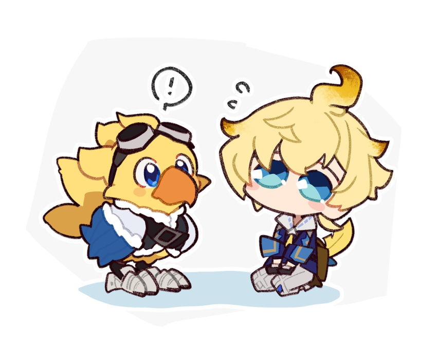 !, 1boy, alpha_(ff14), animal, black_gloves, blonde_hair, blue_jacket, chibi