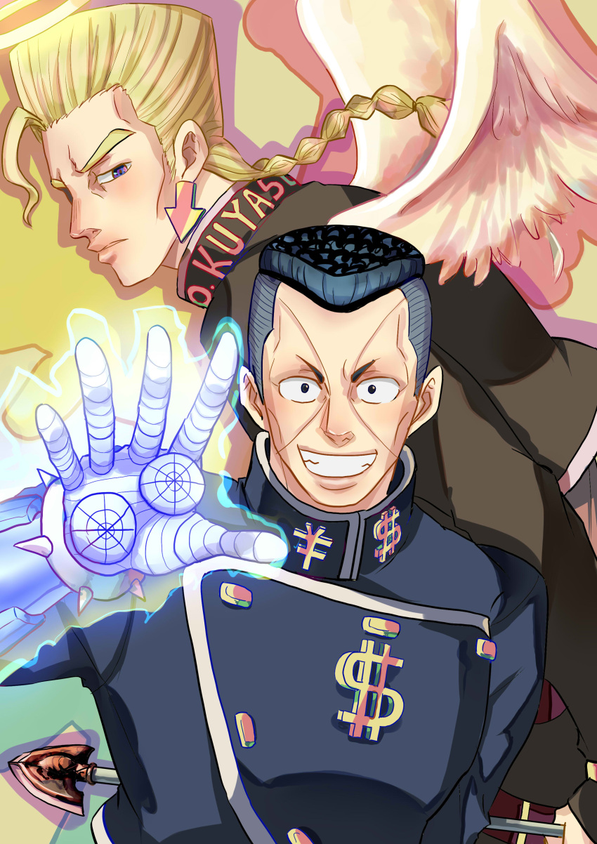 2boys, absurdres, arrow_(jojo), arrow_earrings, aura, black_hair, blonde_hair, braid