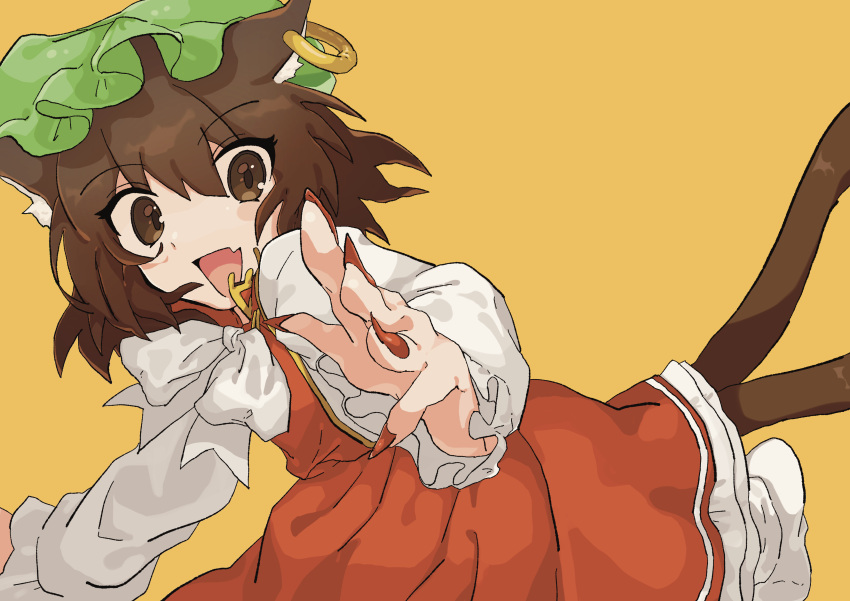 1girl, absurdres, animal_ears, brown_eyes, brown_hair, cat_ears, cat_tail, chen, dress, earrings, highres, jewelry, kotudui7, long_sleeves, looking_at_viewer, open_mouth, red_dress, smile, solo, tail, touhou, yellow_background